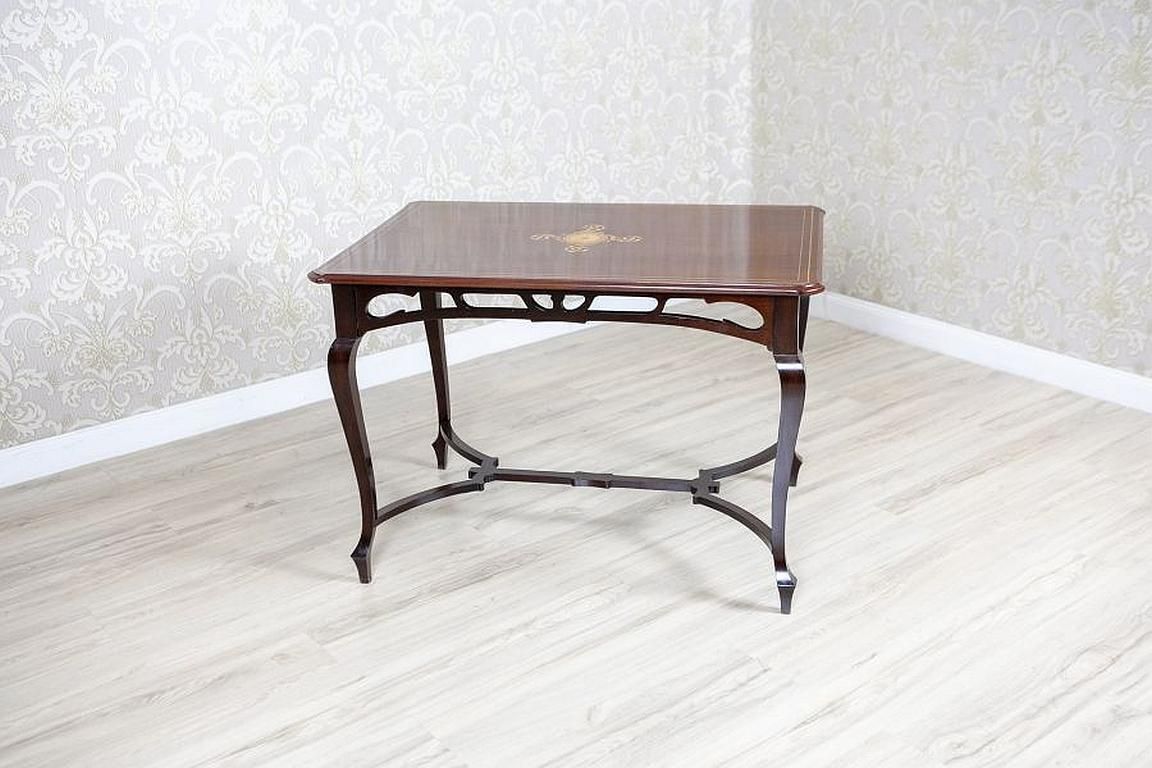 Art Nouveau Mahogany Center Table From The Early 20th Century With Floral Inlays photo furniture