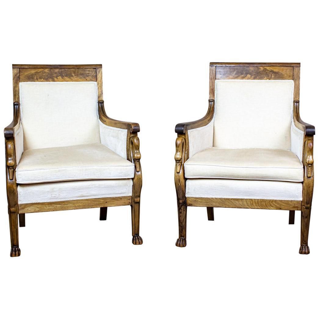 Two Mahogany Armchairs From The Early 20th Century In Light Upholstery