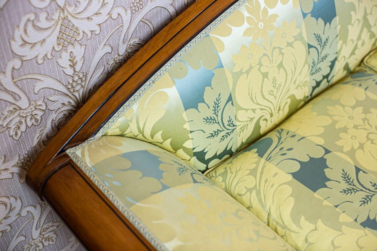 photo for sale Stylized Walnut Sofa From The Early 20th Century With New Upholstery