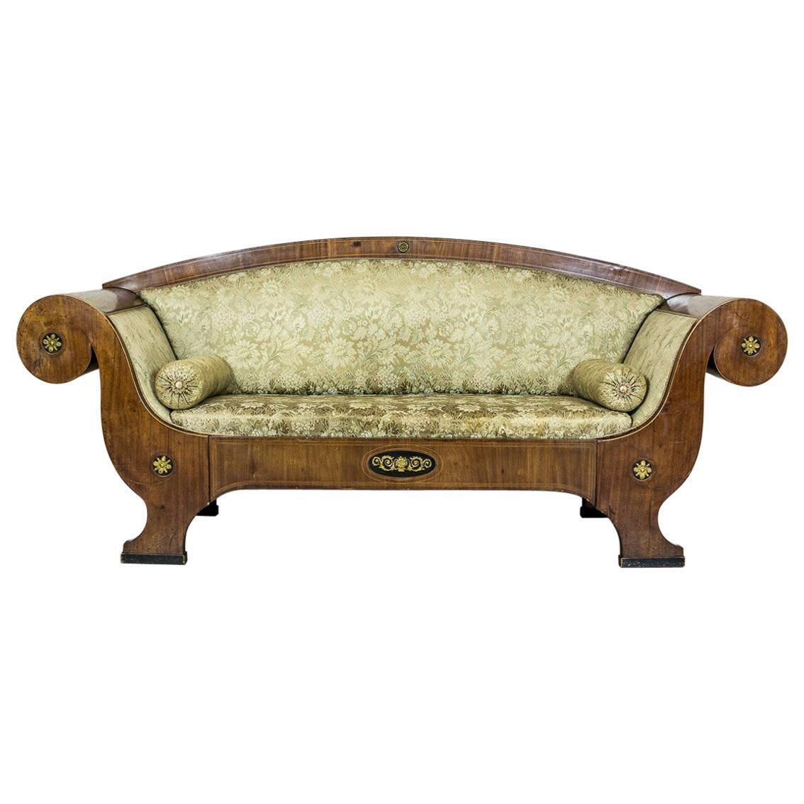 Antique Large  Biedermeier Sofa In Green With Brass Details, Circa 1860