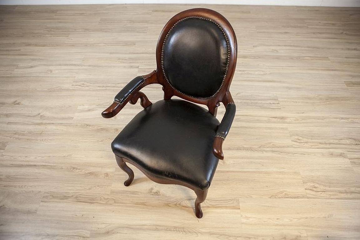 Walnut Armchair From The Late 19th Century In Black Leather photo for sale