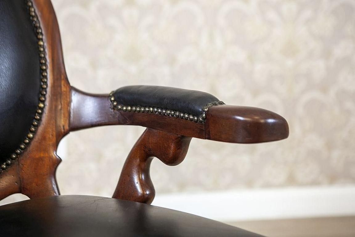 Furniture Walnut Armchair From The Late 19th Century In Black Leather photo