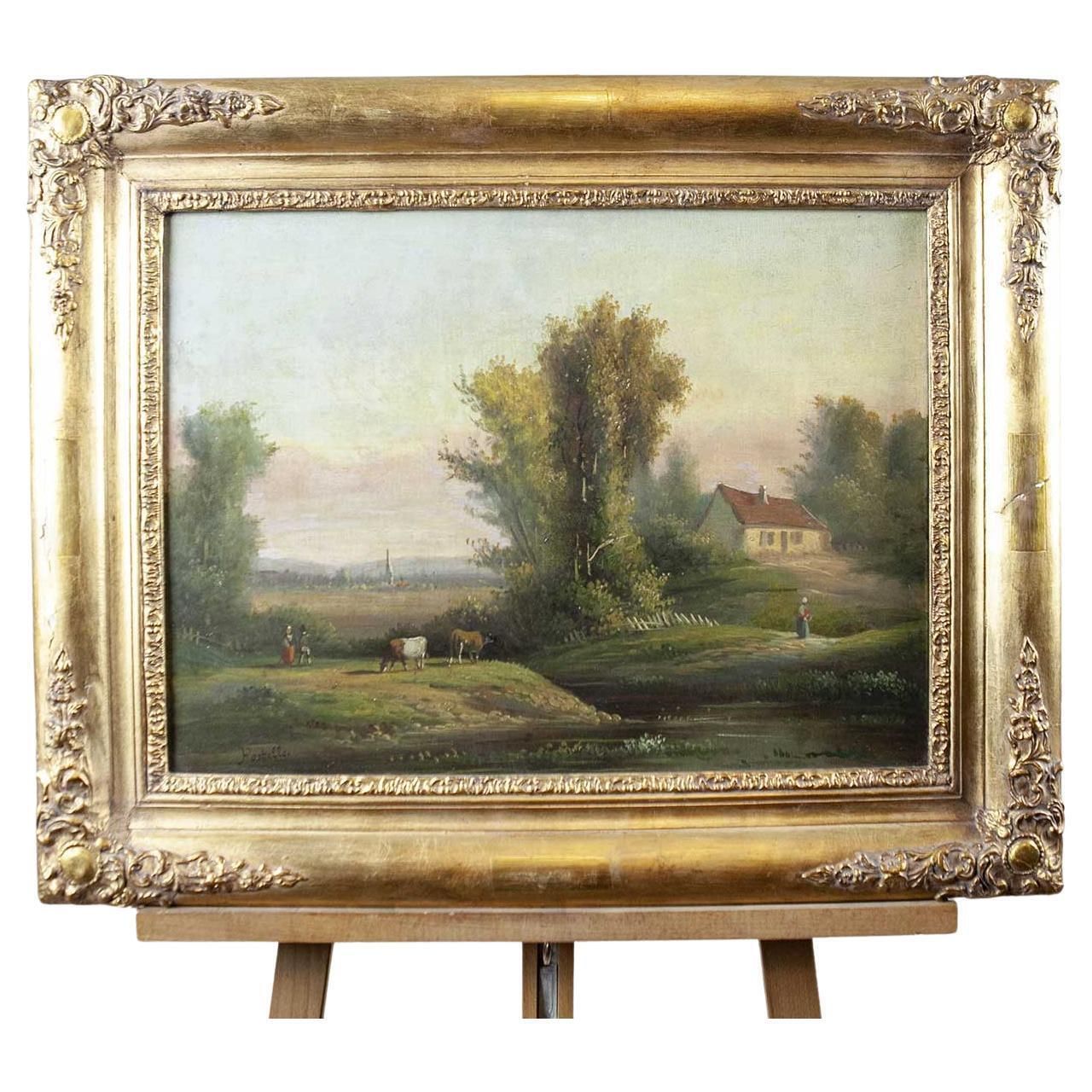 19th Century Framed Oil On Canvas Depicting Village