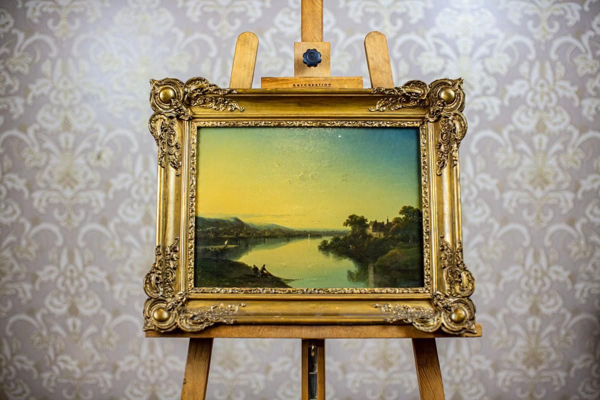 19th Century Oil On Hardboard Depicting River In Gold Frame photo furniture