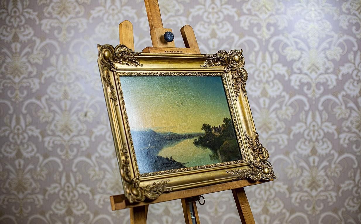 19th Century Oil On Hardboard Depicting River In Gold Frame photo for sale