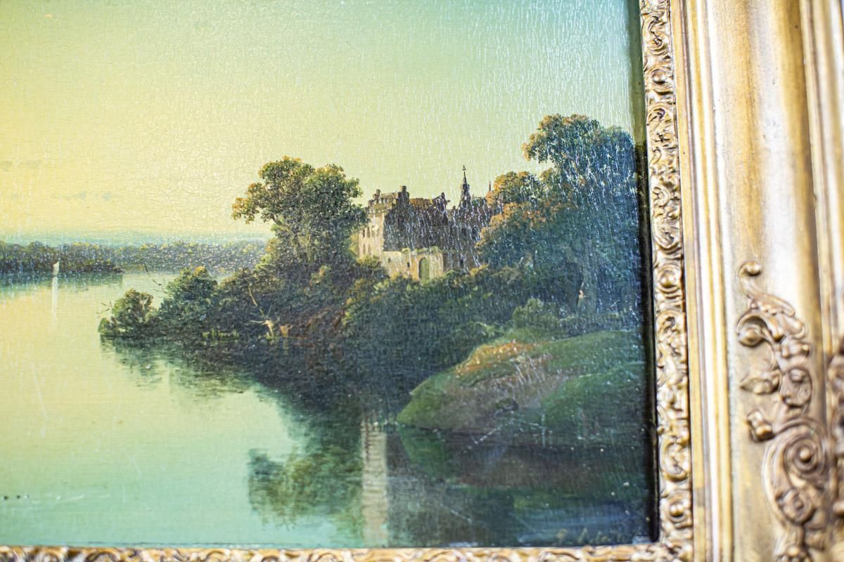 19th Century Oil On Hardboard Depicting River In Gold Frame photo vinterior