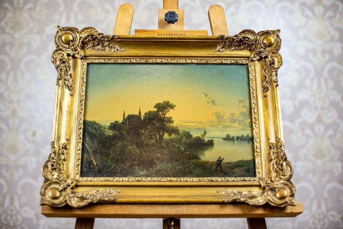 19th Century Oil On Hardboard Depicting Nature In Gold Frame photo vintage