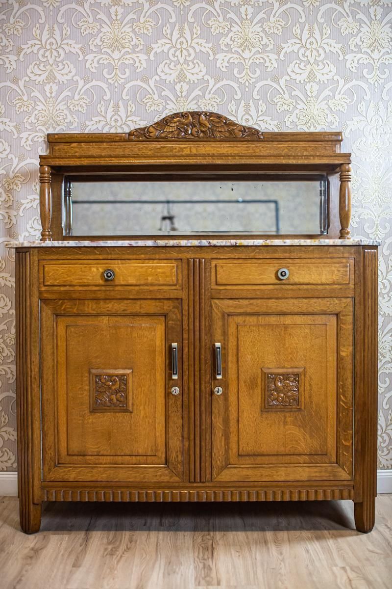 Oak Dining Room Set From The Early 20th Century With Marble And Rattan Elements photo vintage