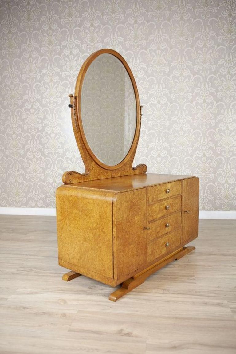 Vanity Veneered With Karelian Birch With Oval Mirror From The Early 20th Century photo furniture