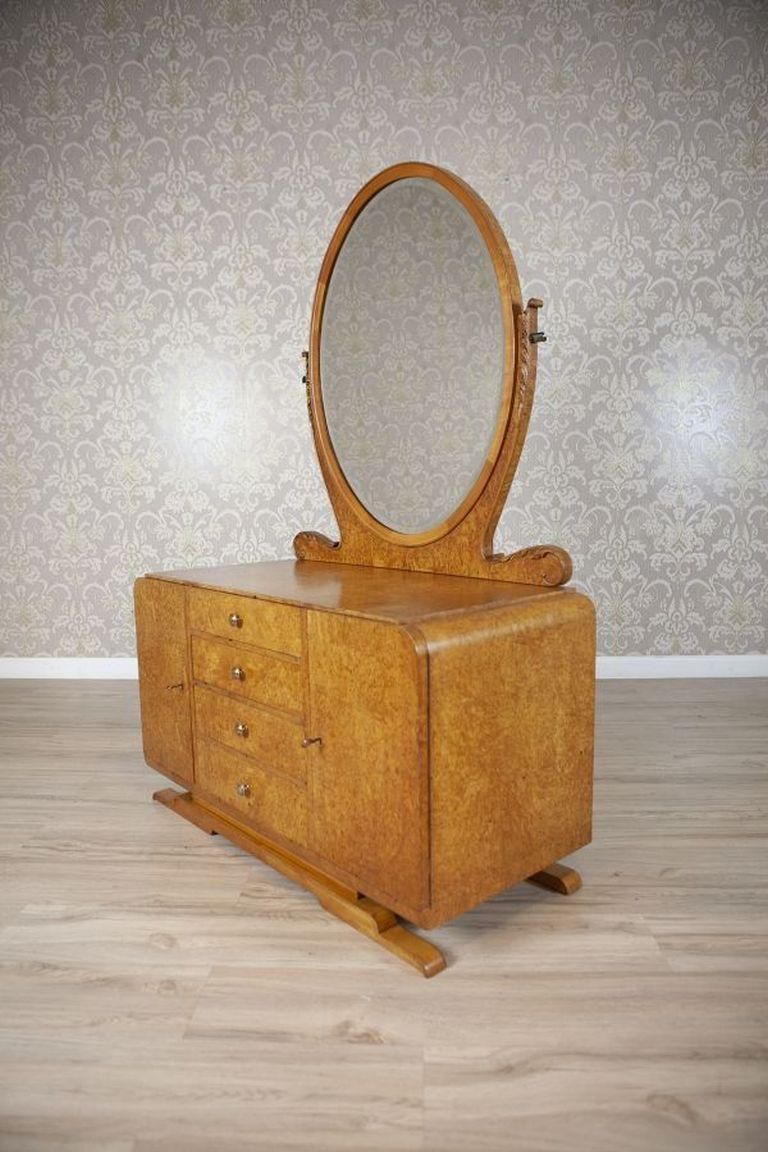 Vanity Veneered With Karelian Birch With Oval Mirror From The Early 20th Century photo for sale