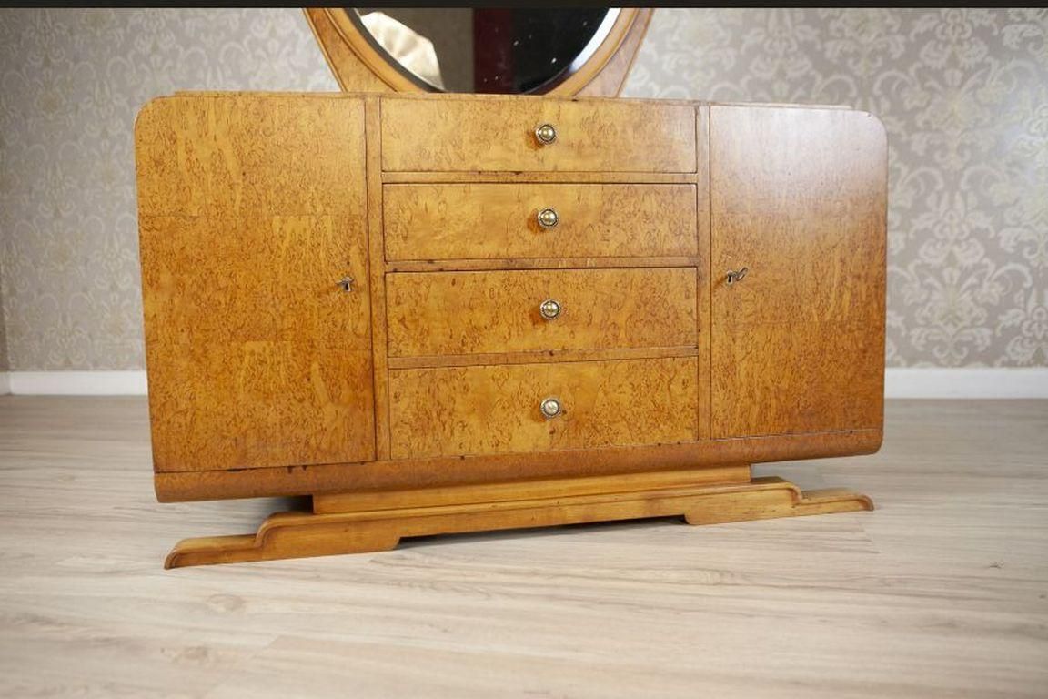 photo furniture Vanity Veneered With Karelian Birch With Oval Mirror From The Early 20th Century