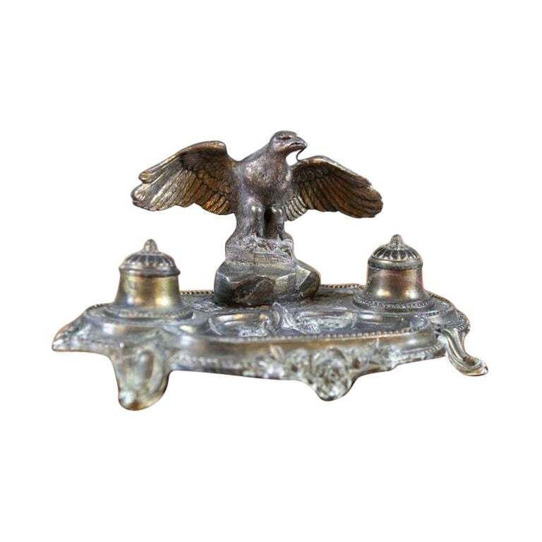 Pre War Metal Inkwell With Bird Figurine