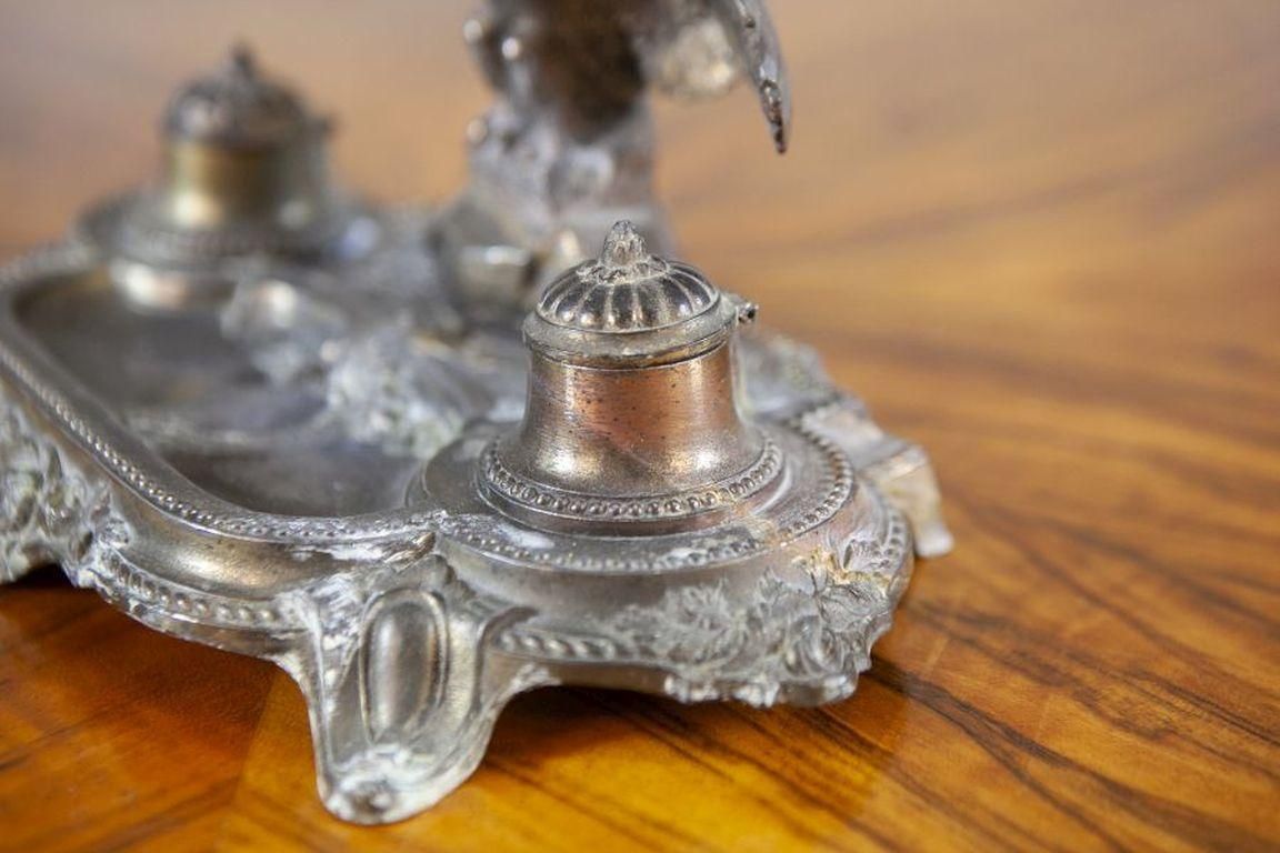 Pre War Metal Inkwell With Bird Figurine photo vinterior