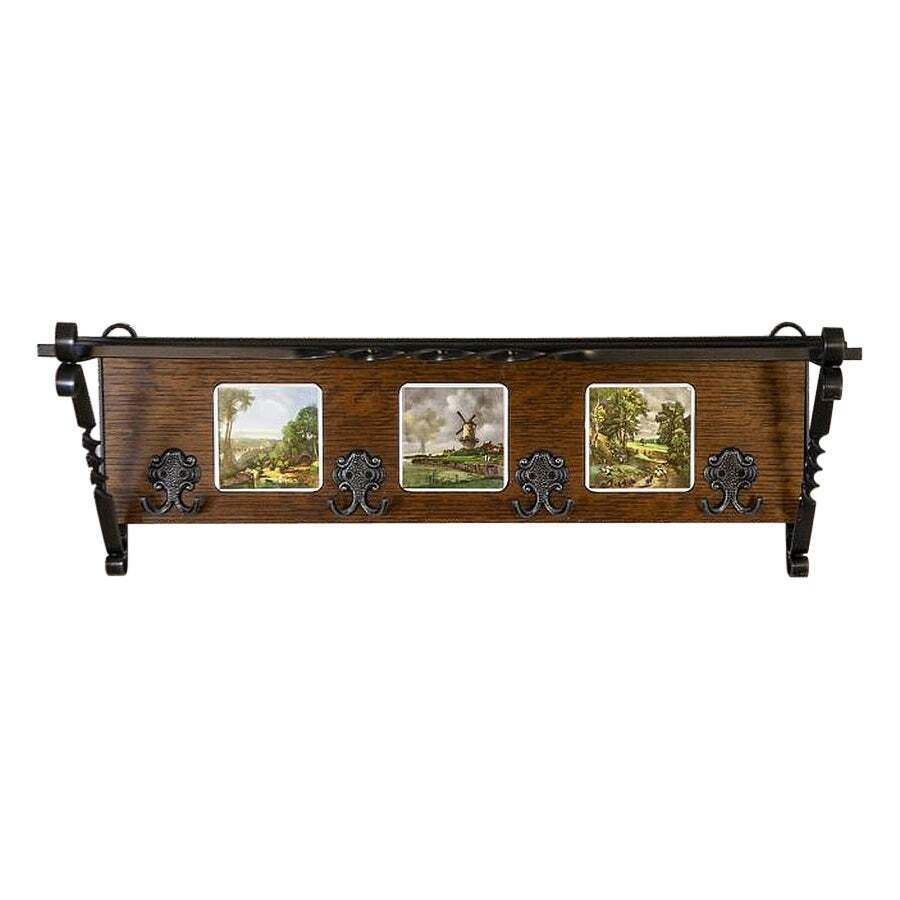 Dutch Oak Wall Coat Rack With Decorative Tiles From The Early 20th Century