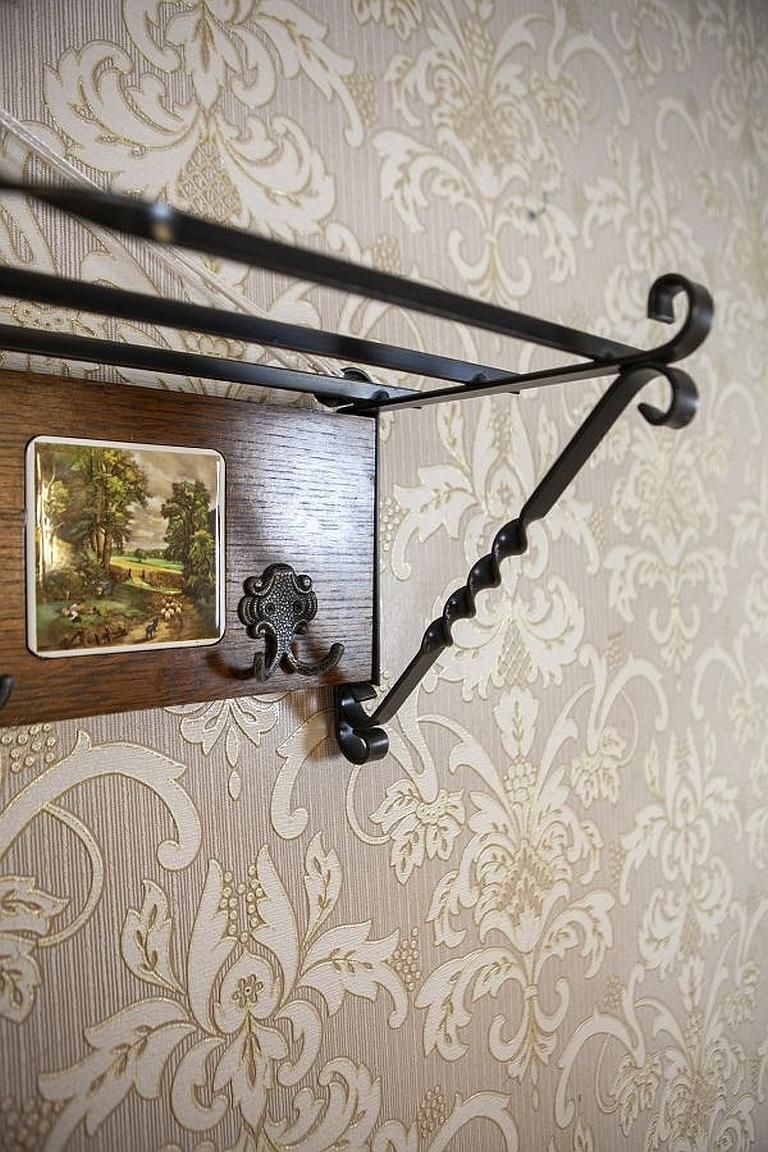 Dutch Oak Wall Coat Rack With Decorative Tiles From The Early 20th Century photo vinterior