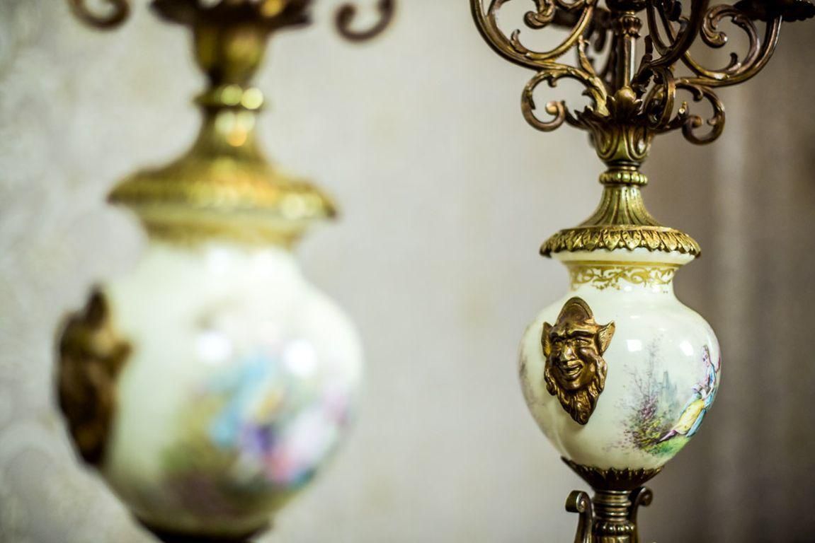 Antique, Two Four Arm Candelabra With Porcelain And Brass Details, 19th Century photo for sale