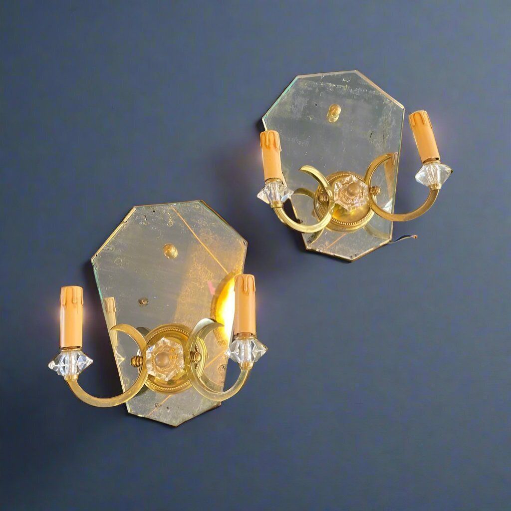 Pair Art Deco Wall Lights With Aged Glass Circa 1930