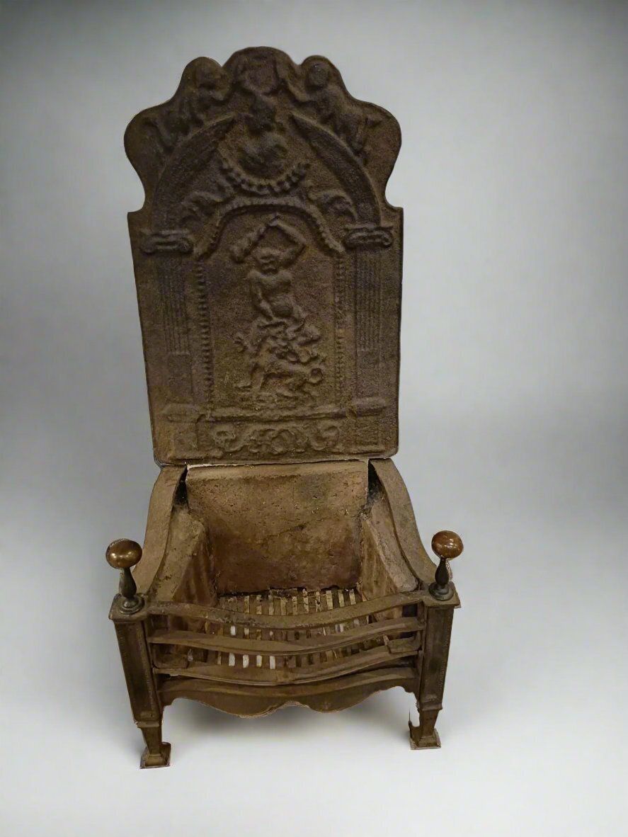 Antique 19th Century Fire Grate With Combined Back Plate