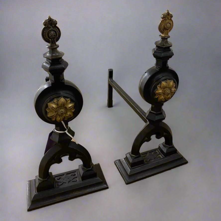 Pair Of Antique Gothic Revival Fire Dogs