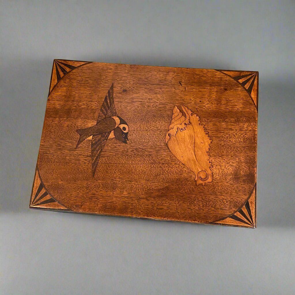 Antique Walnut Jewellery Box Inlaid With Bird & Conch Shell Circa 1890