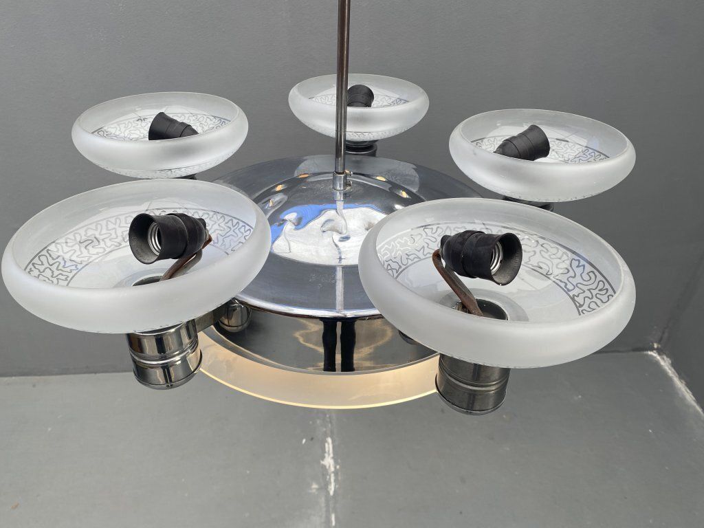 Art Deco Chrome Chandelier With Glass Bowl Shades photo Lighting