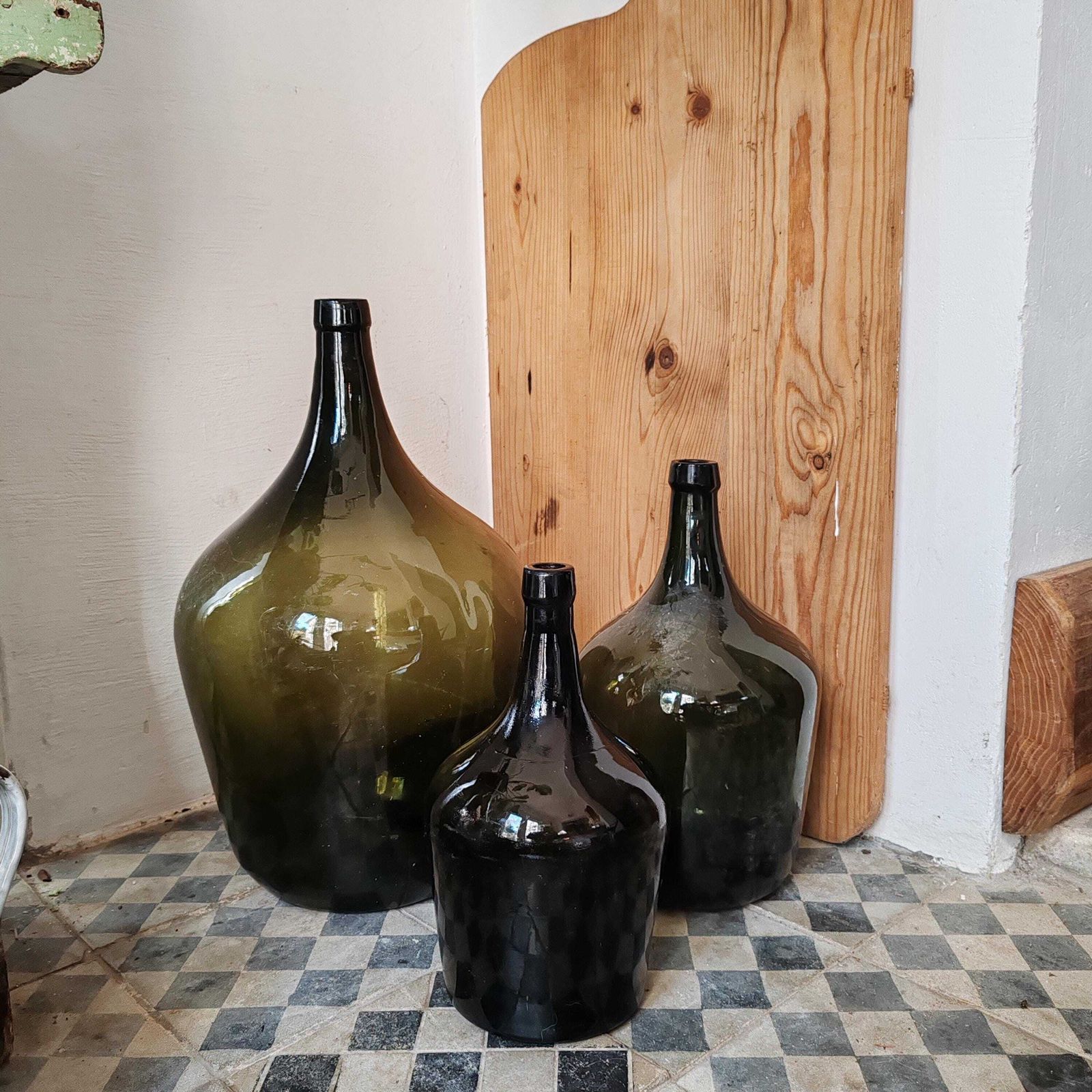 Set Of 3 Antique Green Demijohn Wine Bottles – 70 Year Old Hand Blown Glass, Rustic Farmhouse Decor, Garden Vase, Reclaimed Hungarian Cellar