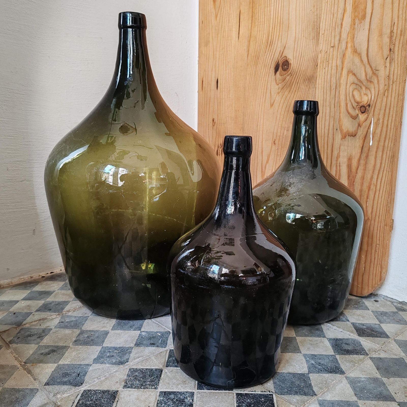 Set Of 3 Antique Green Demijohn Wine Bottles – 70 Year Old Hand Blown Glass, Rustic Farmhouse Decor, Garden Vase, Reclaimed Hungarian Cellar photo furniture