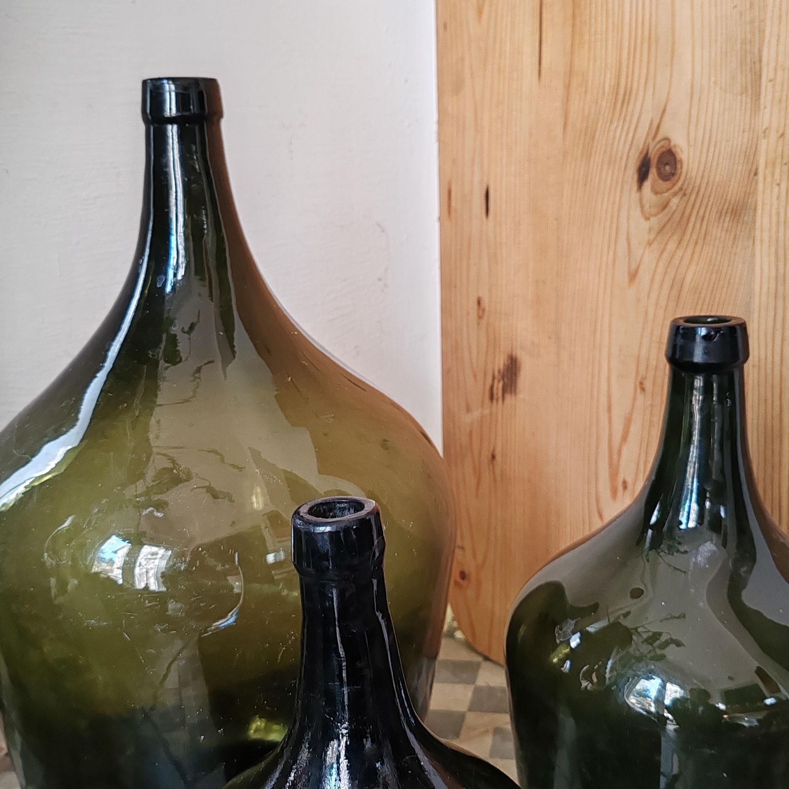 Set Of 3 Antique Green Demijohn Wine Bottles – 70 Year Old Hand Blown Glass, Rustic Farmhouse Decor, Garden Vase, Reclaimed Hungarian Cellar photo vinterior