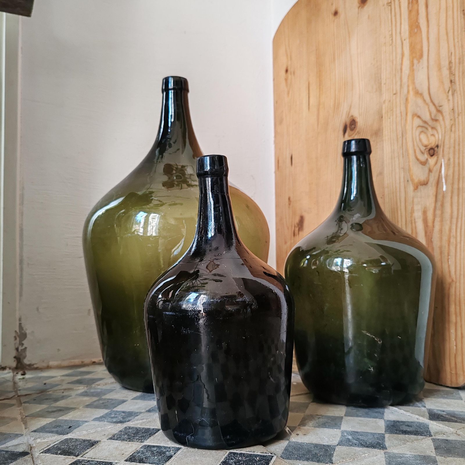Set Of 3 Antique Green Demijohn Wine Bottles – 70 Year Old Hand Blown Glass, Rustic Farmhouse Decor, Garden Vase, Reclaimed Hungarian Cellar photo buy