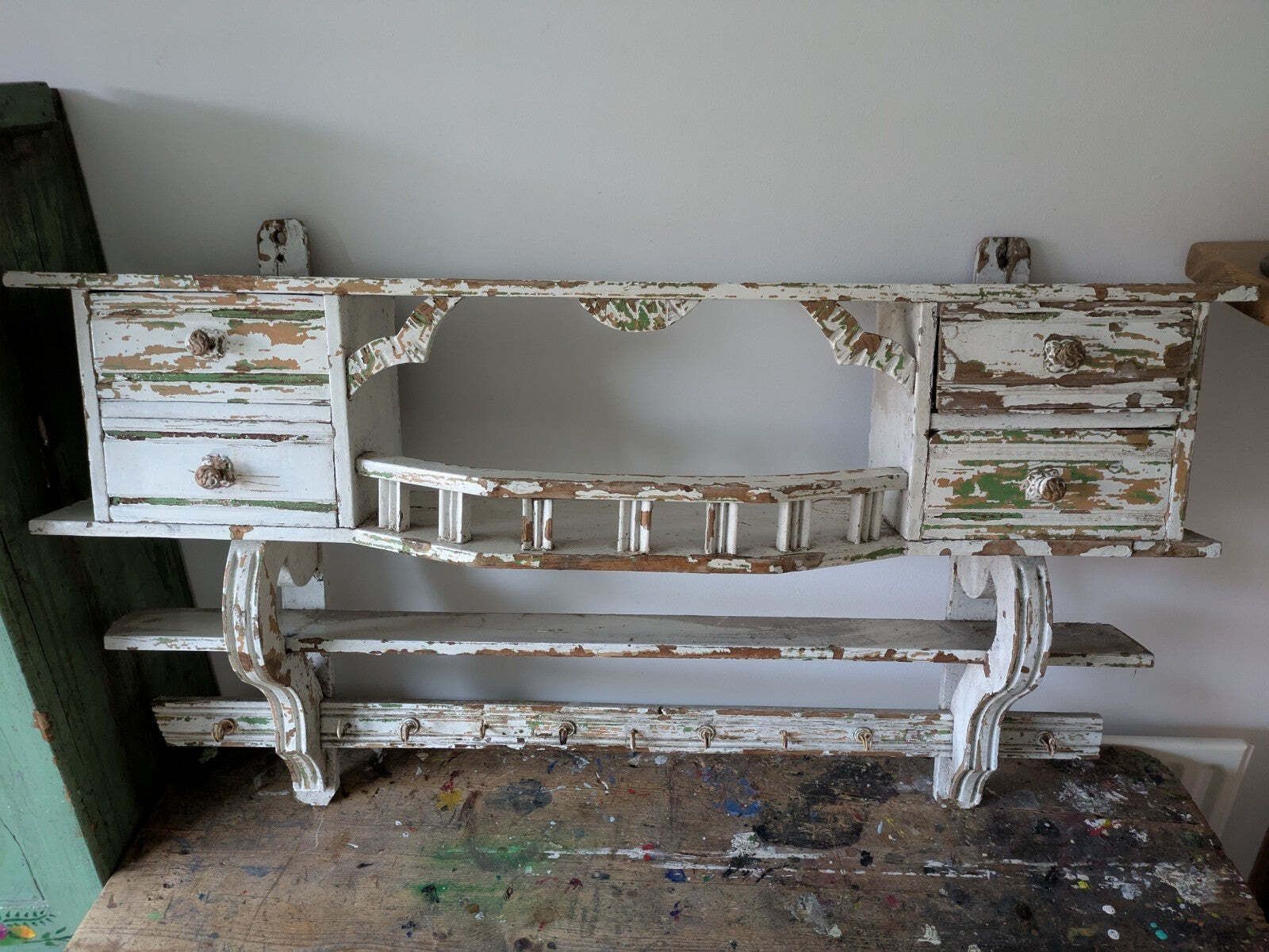 Antique 1900s Shelving Rack Wall Shelf Shelves Drawers Chippy Distressed Hooks photo furniture
