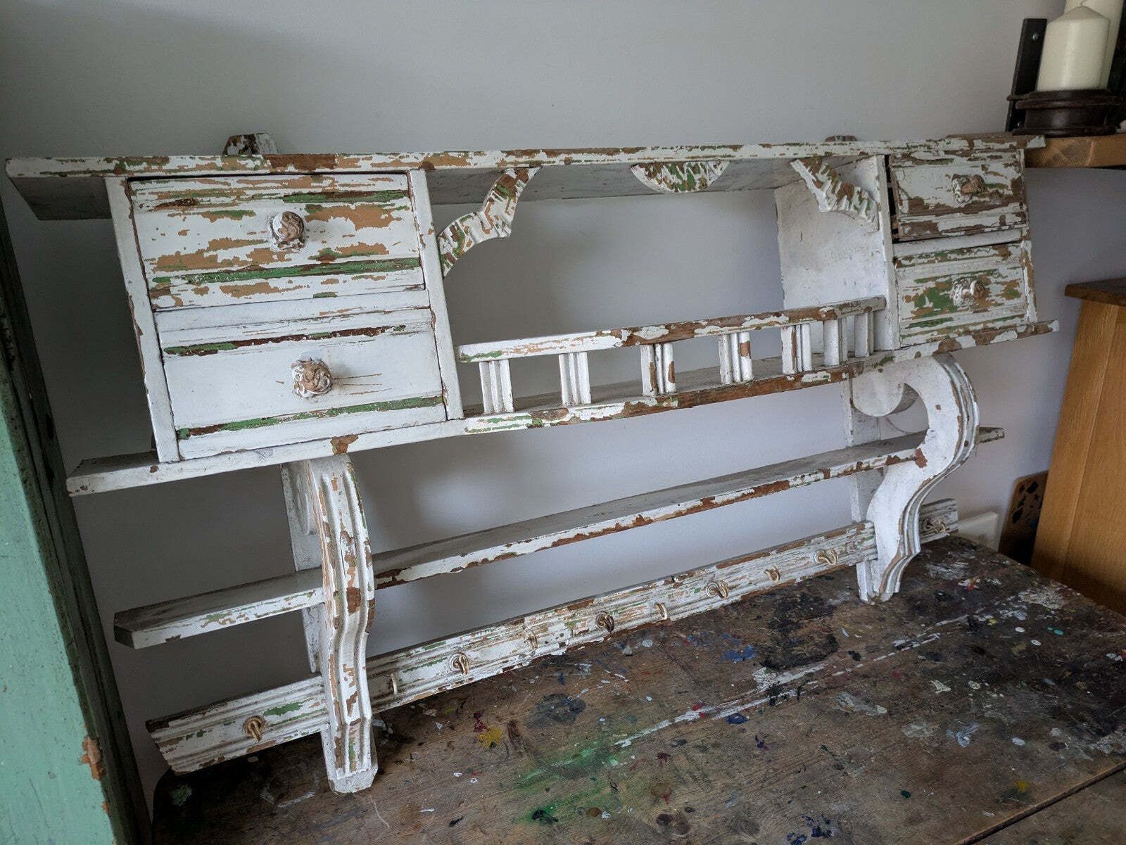 Antique 1900s Shelving Rack Wall Shelf Shelves Drawers Chippy Distressed Hooks photo for sale