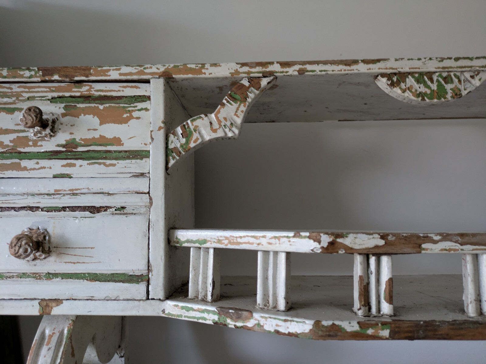 Antique 1900s Shelving Rack Wall Shelf Shelves Drawers Chippy Distressed Hooks photo vintage
