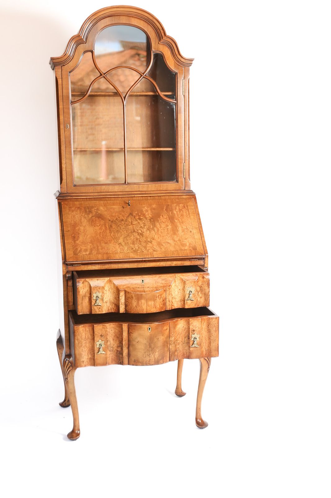 Queen Anne Style Burr Walnut Bureau Bookcase Circa 1920s photo Furniture