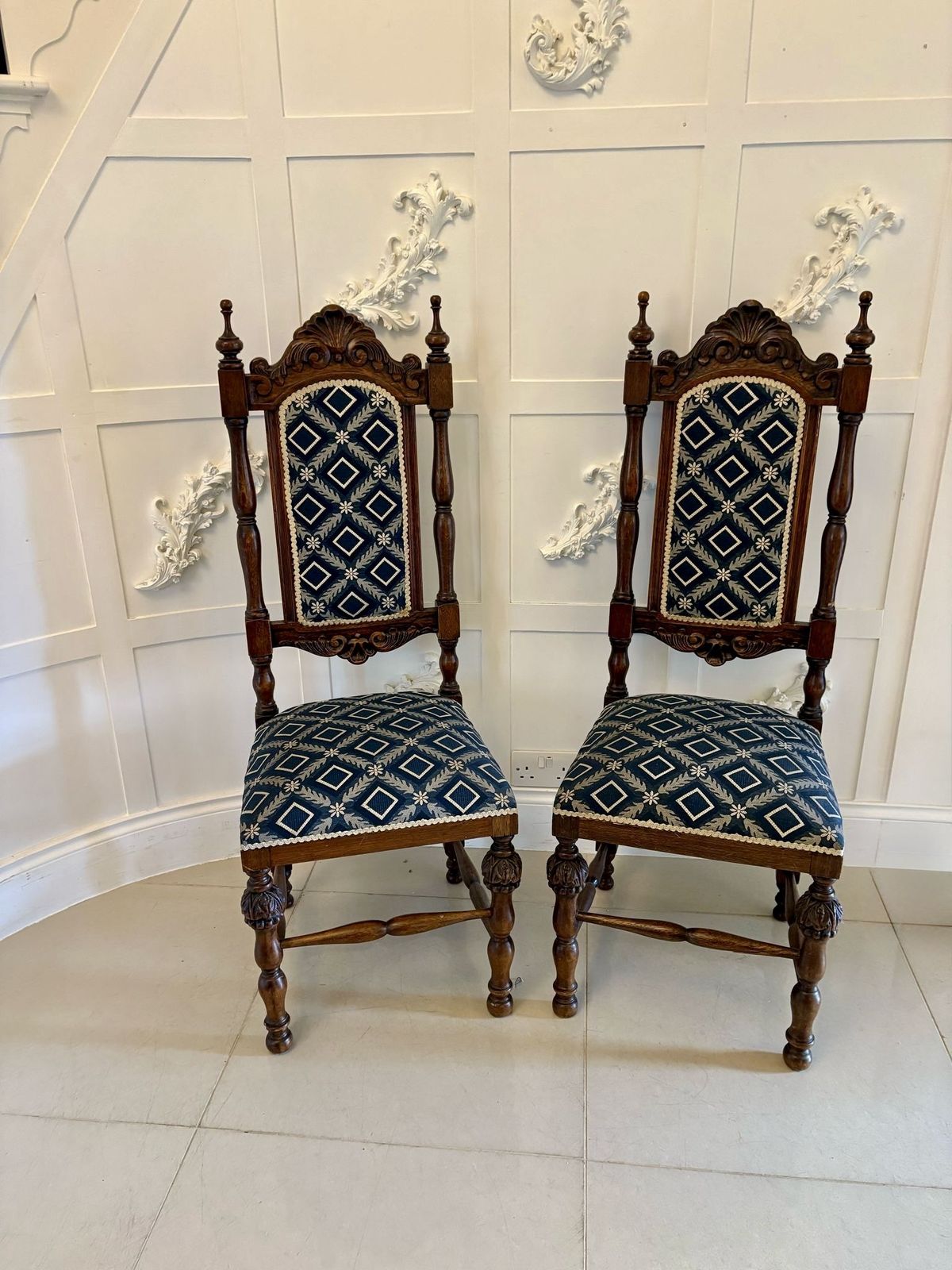 Antique Quality 19th Century Pair Of Carved Oak Side Chairs