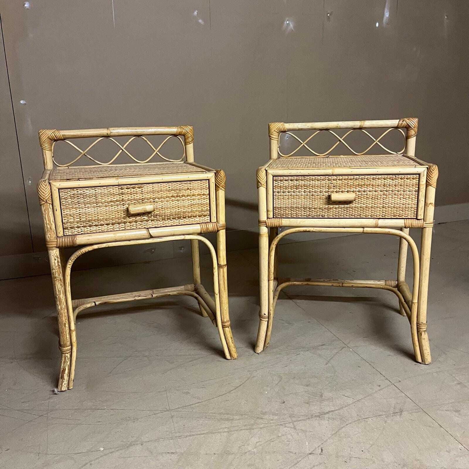 A Pair Of Cane Bedside Cabinets With Drawer And Back Detail