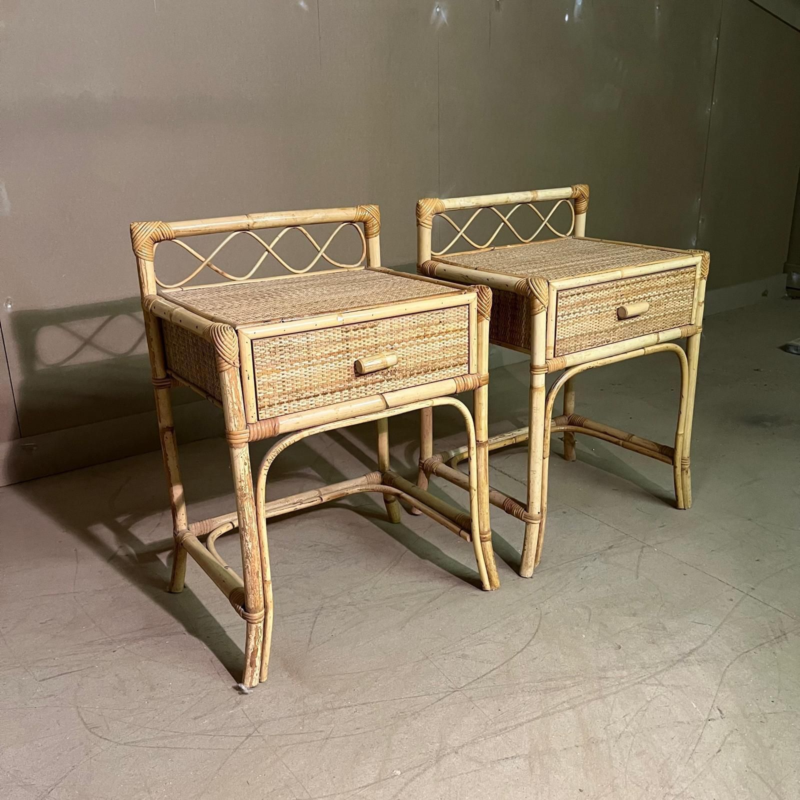 A Pair Of Cane Bedside Cabinets With Drawer And Back Detail photo vinterior