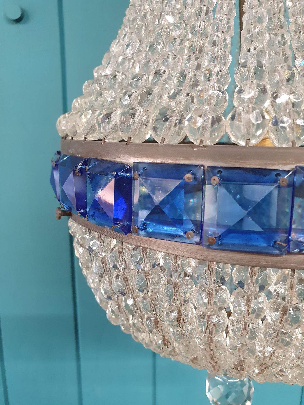 Early 20th Century Bead Chandelier With Blue Prisms At The Top And Centre 10" photo 495.0