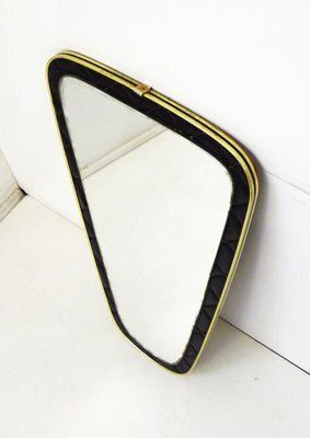 photo for sale Mid Century Free Form Wall Mirror With Quilted Black Imitation Leather Frame & Gold Metal, 1950s
