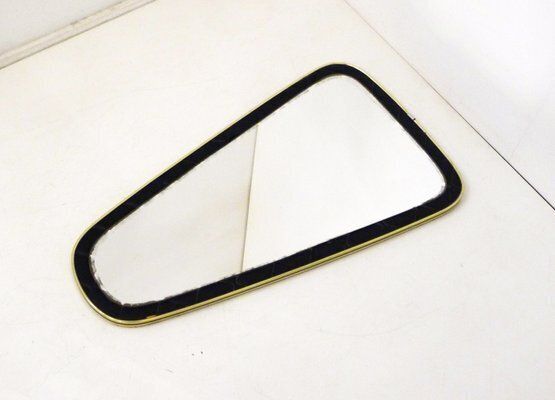 Home Decor Mid Century Free Form Wall Mirror With Quilted Black Imitation Leather Frame & Gold Metal, 1950s photo
