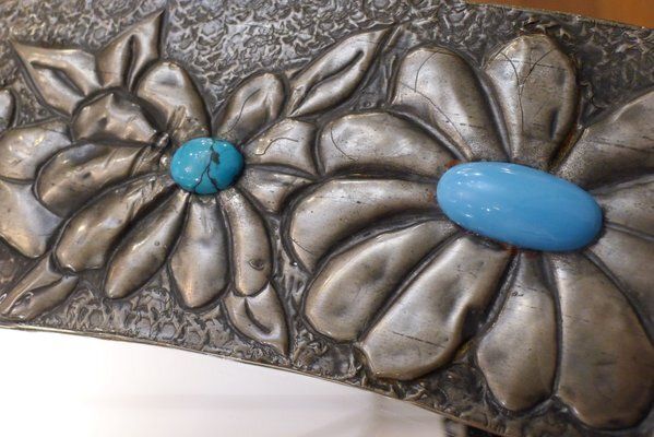 Oval Wall Mirror With Pewter Frame Decorated With Large Flowers In Relief, With Turquoise Heart, 1950s photo furniture