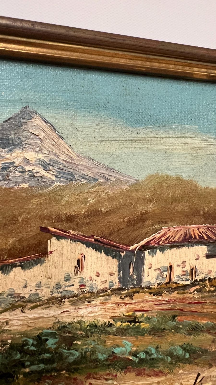 Signed Mid Century Oil On Canvas Board – Mountain Landscape With Village photo vinterior