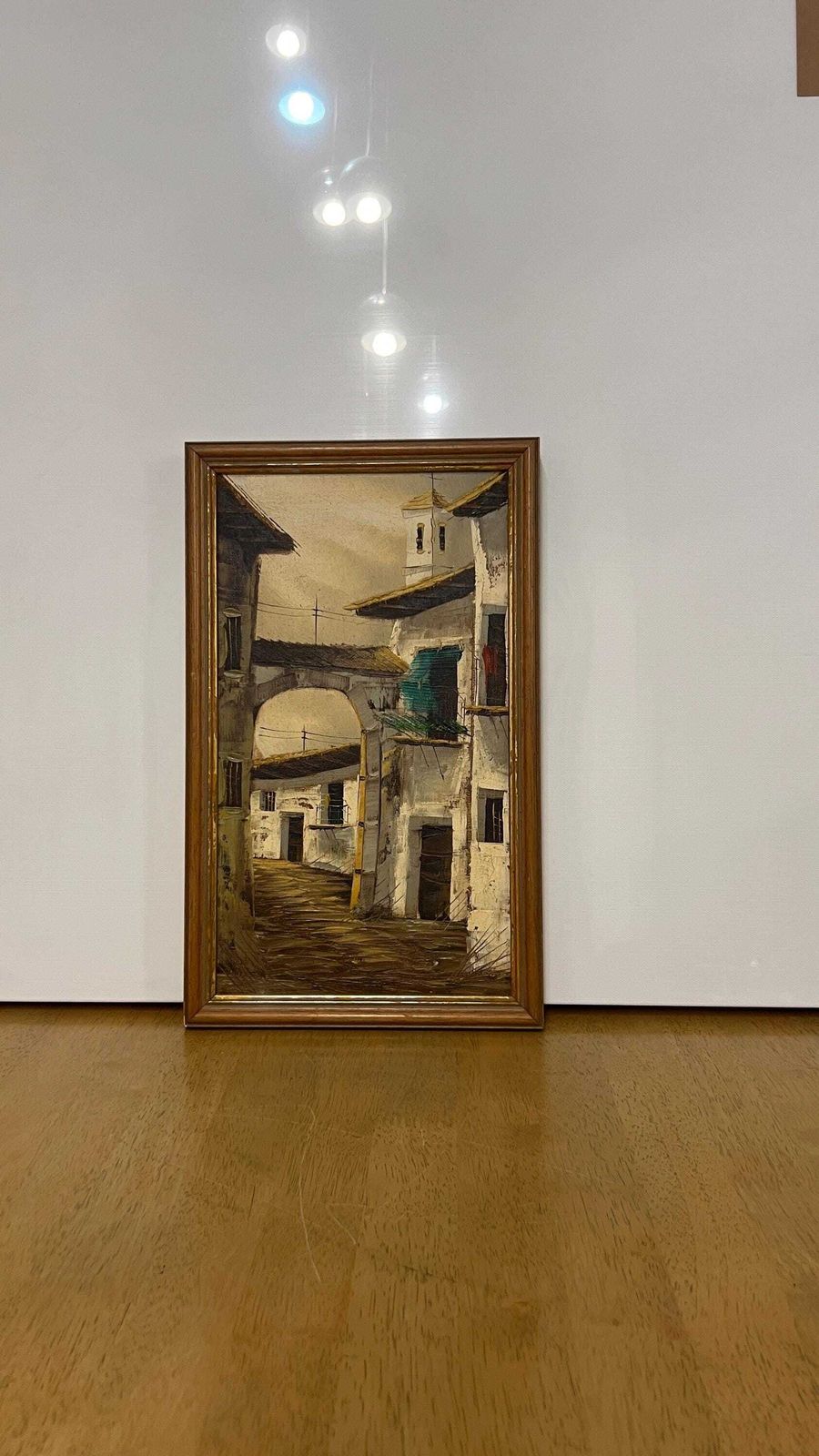 Mid Century Oil On Canvas Painting – European Village Scene photo furniture