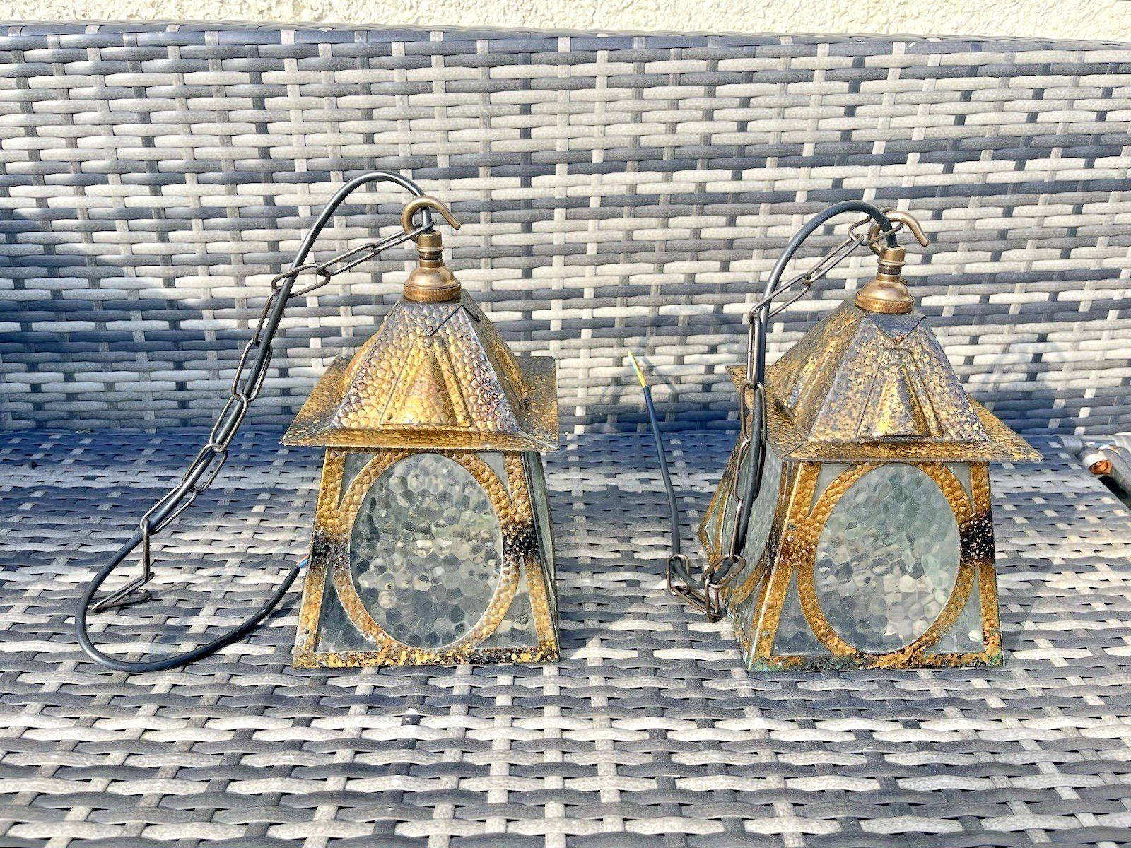 Pair Of Antique Arts & Crafts Textured Brass & Glass Porch Lanterns Lamps Lights photo buy