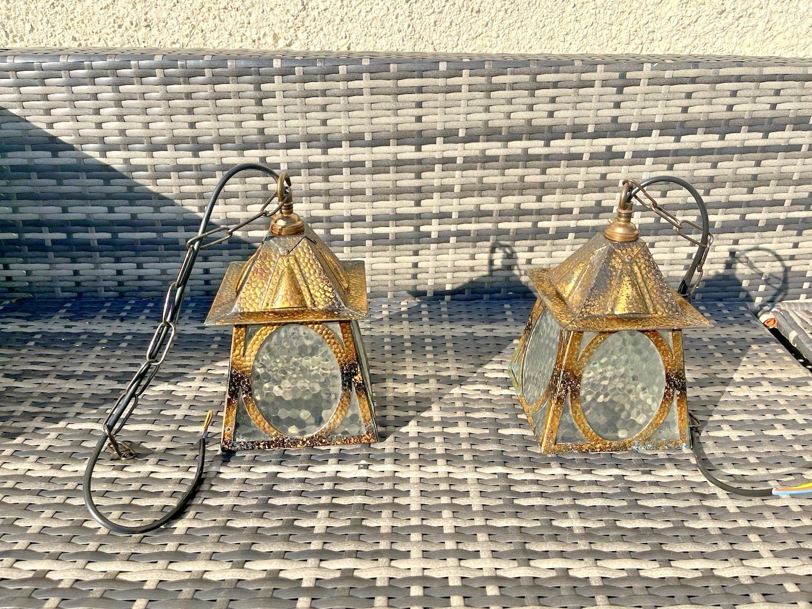 photo for sale Pair Of Antique Arts & Crafts Textured Brass & Glass Porch Lanterns Lamps Lights