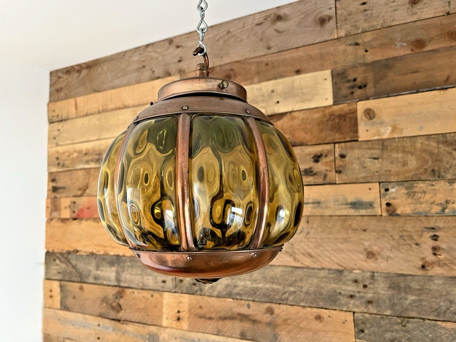 Mid Century Amber Copper Cage Blown Glass Onion Light Lantern 60's Scandi Dutch photo for sale