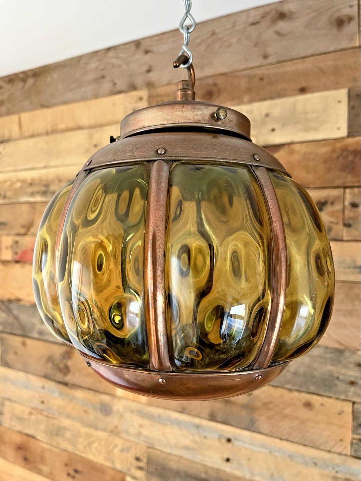 Mid Century Amber Copper Cage Blown Glass Onion Light Lantern 60's Scandi Dutch photo Lighting