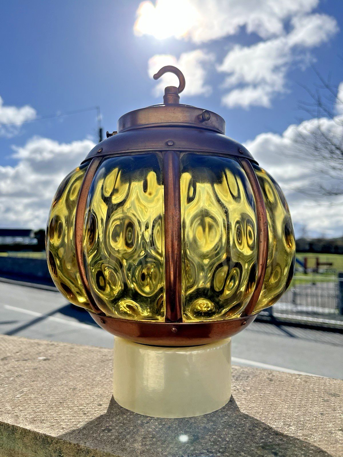 photo furniture Mid Century Amber Copper Cage Blown Glass Onion Light Lantern 60's Scandi Dutch