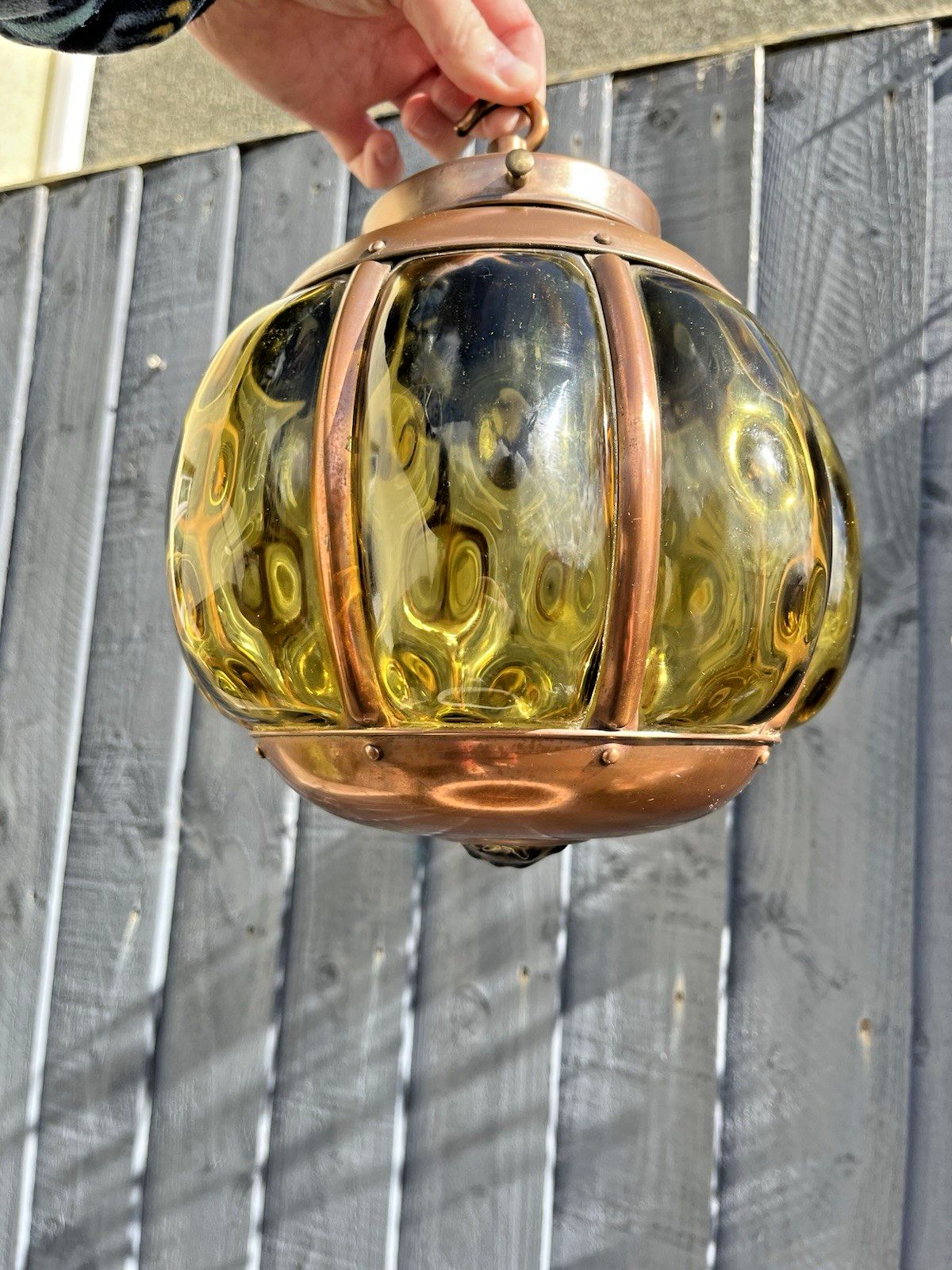 Lighting Mid Century Amber Copper Cage Blown Glass Onion Light Lantern 60's Scandi Dutch photo
