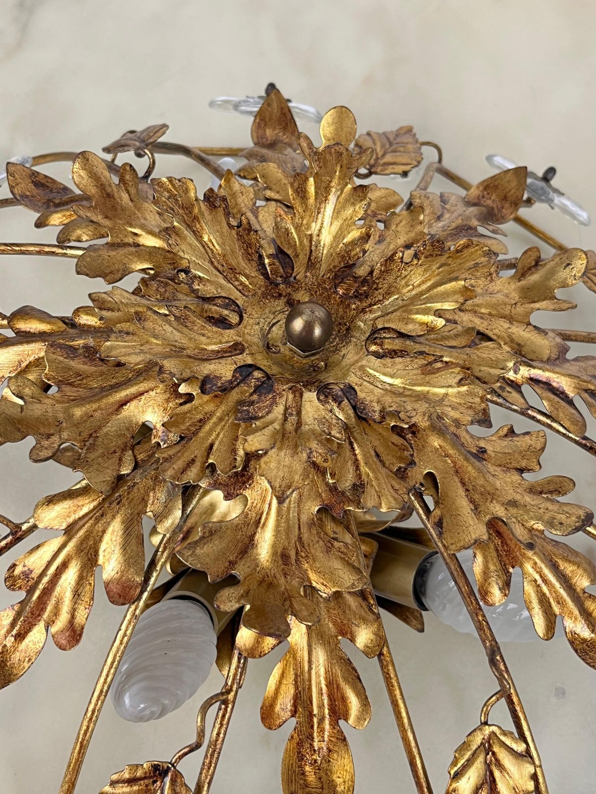 Banci Ceiling Light In Gilded Iron And Crystal Flowers Italian Design 1980s photo for sale