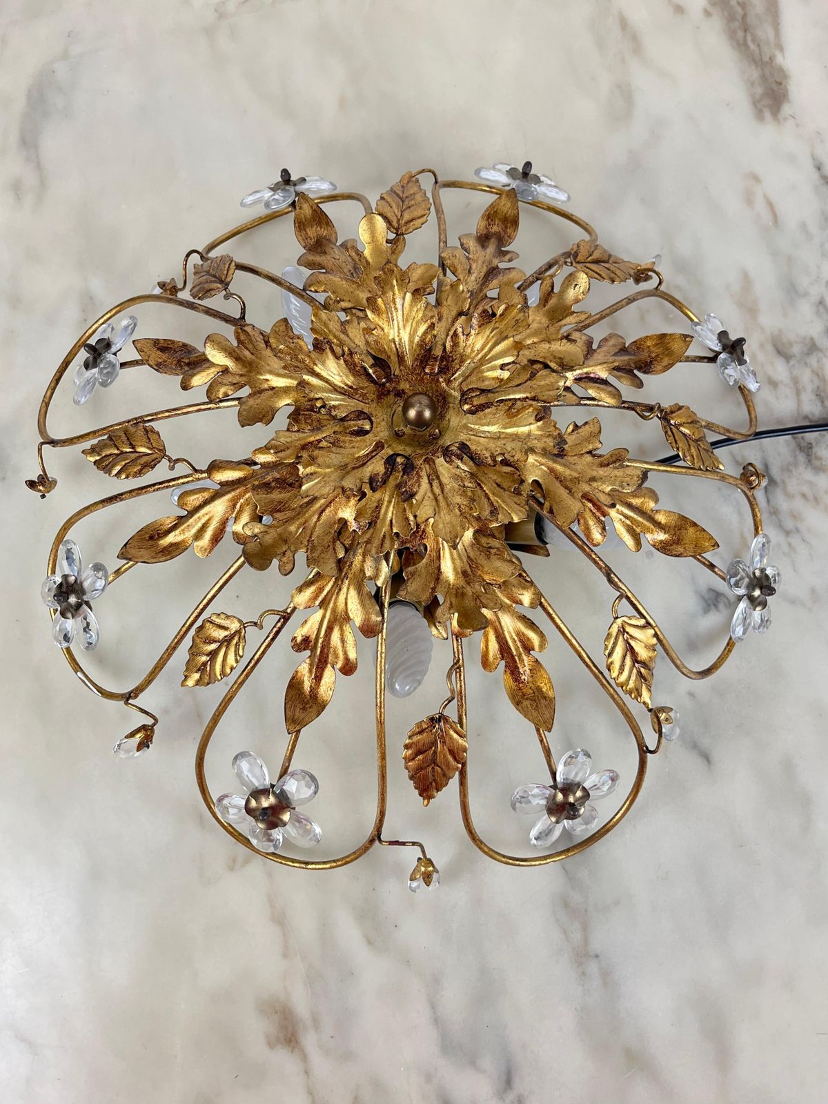 photo for sale Banci Ceiling Light In Gilded Iron And Crystal Flowers Italian Design 1980s